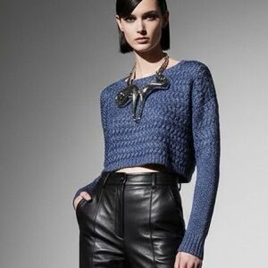 STEVEN OO KNITTED TEXTILE BLUE AND METALLIC CROPPED LONG SLEEVE CREWNECK SWEATER